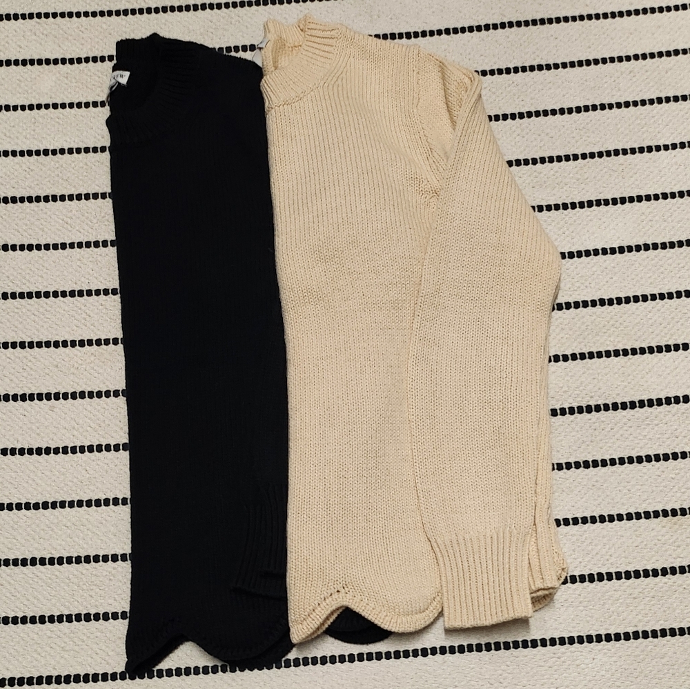 JCrew Black & Cream Scalloped Hem Crewneck Cotton Sweaters XXS